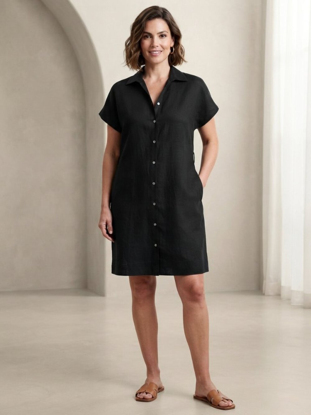 Theory Black Linen Blend Button Down Shirt Dress Size Large Minimalist Capsule